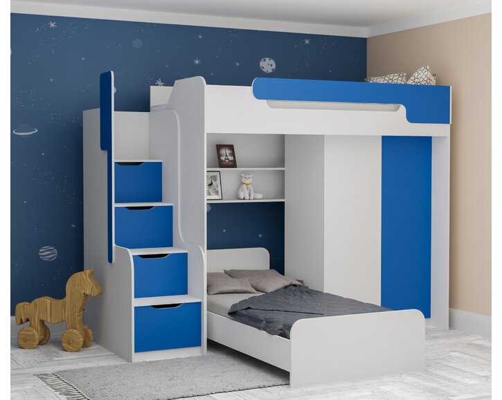 Multifunkčná poschodová posteľ Dori so spodnou posteľou a skriňou, lamino biela/modrá Multifunkčná poschodová posteľ Dori so spodnou posteľou a skriňou, lamino biela/modrá