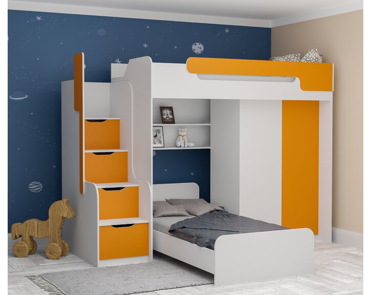 Multifunkčná poschodová posteľ Dori so spodnou posteľou a skriňou, lamino biela/oranžová Multifunkčná poschodová posteľ Dori so spodnou posteľou a skriňou, lamino biela/oranžová