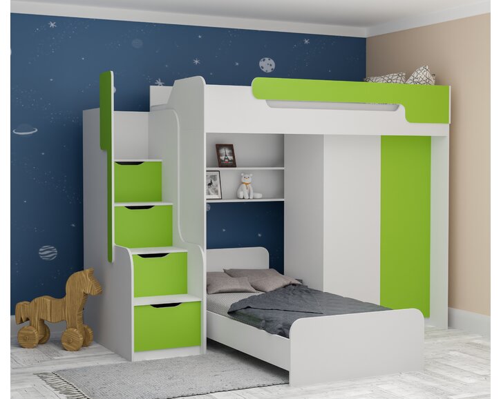 Multifunkčná poschodová posteľ Dori so spodnou posteľou a skriňou, lamino biela/zelená Multifunkčná poschodová posteľ Dori so spodnou posteľou a skriňou, lamino biela/zelená