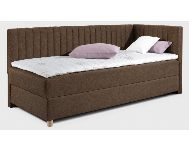 Rohová boxspring posteľ s úložným priestorom NOVO s čelami, 90 × 200 cm, PRAVÁ, hnedá látka – VÝPREDAJ - pohľad č. 1